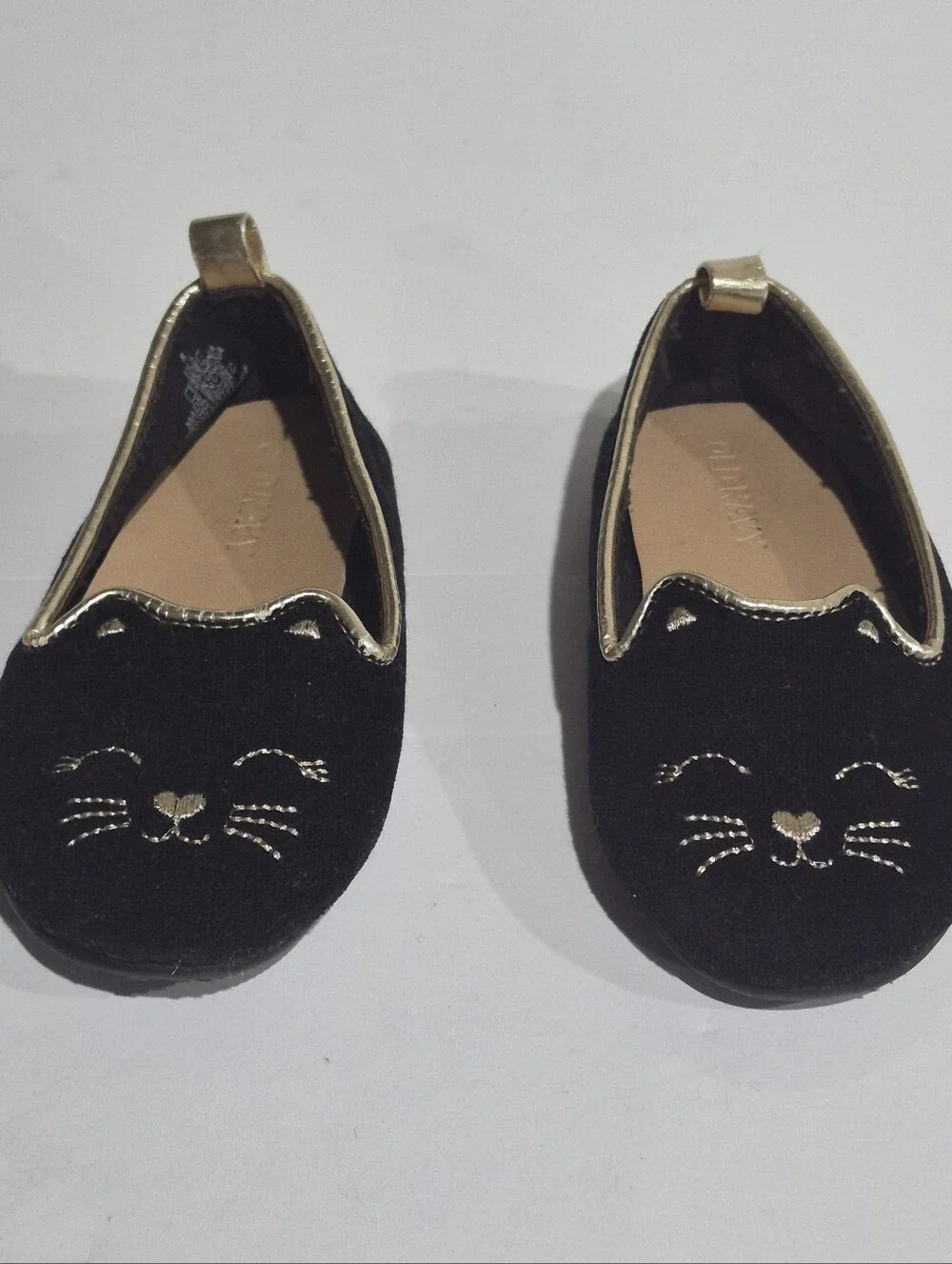 Old Navy Black & Gold Cat Baby Girl Faux Suede Critter Ballet Flats Size 6/13.5